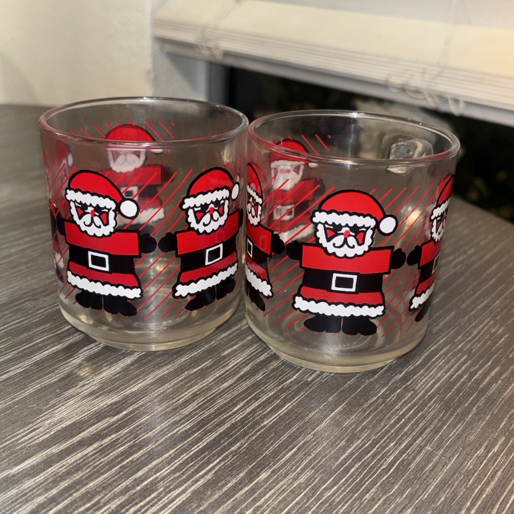 Vintage Set of 2 Luminarc Clear Glass Santa Mugs
